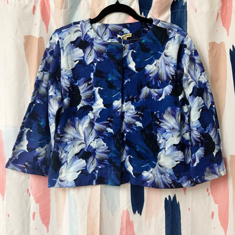 Pashma Arte Blue Floral Quarter Sleeve Snap Button Cotton Jacket Top Size Small
